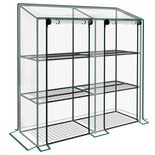 Outsunny Estufa de Jardim de 3 Níveis Estufa de Terraço com Prateleiras Teto Inclinado e 2 Portas com Fecho de Correr para Cultivo de Plantas em Pátio 143x46x141151 cm Transparente