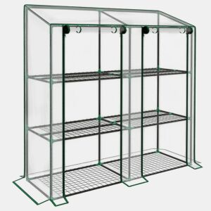 Outsunny Estufa de Jardim de 3 Níveis Estufa de Terraço com Prateleiras Teto Inclinado e 2 Portas com Fecho de Correr para Cultivo de Plantas em Pátio 143x46x141151 cm Transparente