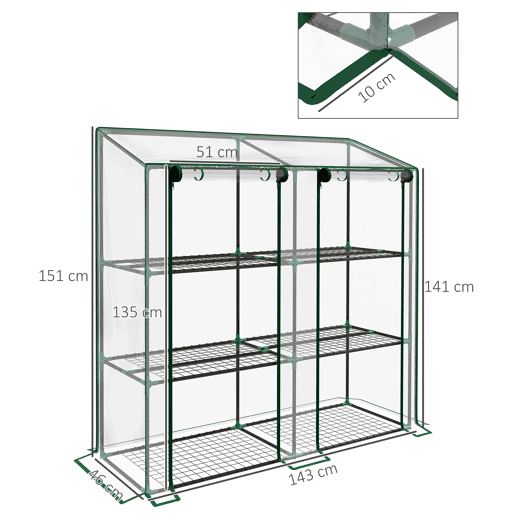 Outsunny Estufa de Jardim de 3 Níveis Estufa de Terraço com Prateleiras Teto Inclinado e 2 Portas com Fecho de Correr para Cultivo de Plantas em Pátio 143x46x141151 cm Transparente