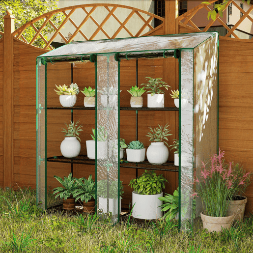 Outsunny Estufa de Jardim de 3 Níveis Estufa de Terraço com Prateleiras Teto Inclinado e 2 Portas com Fecho de Correr para Cultivo de Plantas em Pátio 143x46x141151 cm Transparente