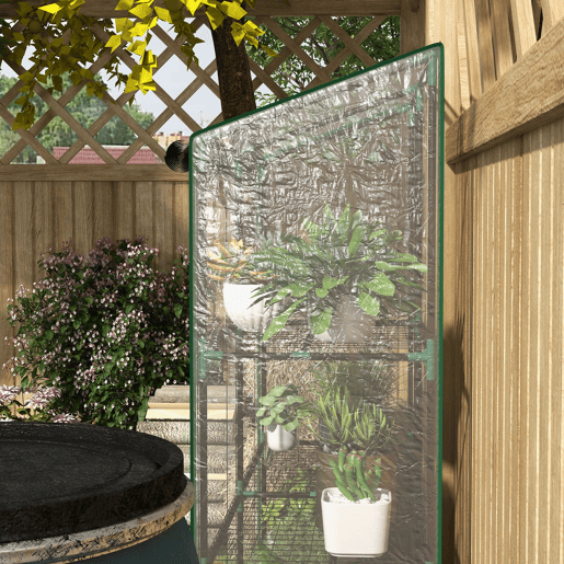 Outsunny Estufa de Jardim de 3 Níveis Estufa de Terraço com Prateleiras Teto Inclinado e 2 Portas com Fecho de Correr para Cultivo de Plantas em Pátio 143x46x141151 cm Transparente