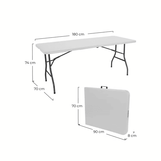 Mesa dobrável retangular de resina 180x70x74cm Mesa externa multiuso, camping, eventos, externo, interno