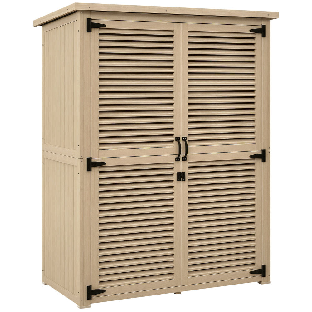 Outsunny caseta de jardín de madera, 127x65x168 cm, cobertizo jardín exterior, armario para almacenaje herramientas, con 2 puertas de persiana 2 estantes techo impermeable para patio terraza, natural