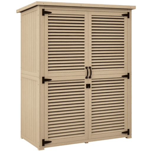 Outsunny Armário de Jardim de Madeira 0,83 m² 127x65x168 cm Armário Exterior de Madeira com 2 Portas de Persiana 2 Prateleiras 2 Alças e Telhado Impermeável Natural