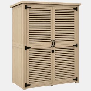 Outsunny Armário de Jardim de Madeira 0,83 m² 127x65x168 cm Armário Exterior de Madeira com 2 Portas de Persiana 2 Prateleiras 2 Alças e Telhado Impermeável Natural