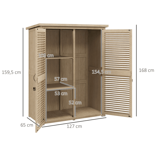 Outsunny Armário de Jardim de Madeira 0,83 m² 127x65x168 cm Armário Exterior de Madeira com 2 Portas de Persiana 2 Prateleiras 2 Alças e Telhado Impermeável Natural