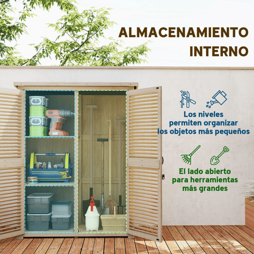 Outsunny Armário de Jardim de Madeira 0,83 m² 127x65x168 cm Armário Exterior de Madeira com 2 Portas de Persiana 2 Prateleiras 2 Alças e Telhado Impermeável Natural