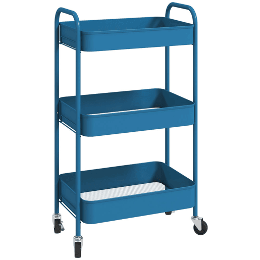 HOMCOM Carrinho Auxiliar de 3 Níveis com Rodas Carrinho de Armazenamento Deslizante com 3 Prateleiras 4 Rodas e 2 Travões para Cozinha Sala 45x30.6x79 cm Azul Escuro