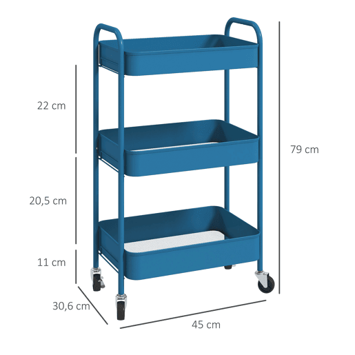 HOMCOM Carrinho Auxiliar de 3 Níveis com Rodas Carrinho de Armazenamento Deslizante com 3 Prateleiras 4 Rodas e 2 Travões para Cozinha Sala 45x30.6x79 cm Azul Escuro