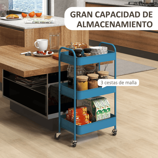 HOMCOM Carrinho Auxiliar de 3 Níveis com Rodas Carrinho de Armazenamento Deslizante com 3 Prateleiras 4 Rodas e 2 Travões para Cozinha Sala 45x30.6x79 cm Azul Escuro
