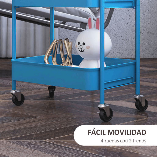 HOMCOM Carrinho Auxiliar de 3 Níveis com Rodas Carrinho de Armazenamento Deslizante com 3 Prateleiras 4 Rodas e 2 Travões para Cozinha Sala 45x30.6x79 cm Azul Escuro