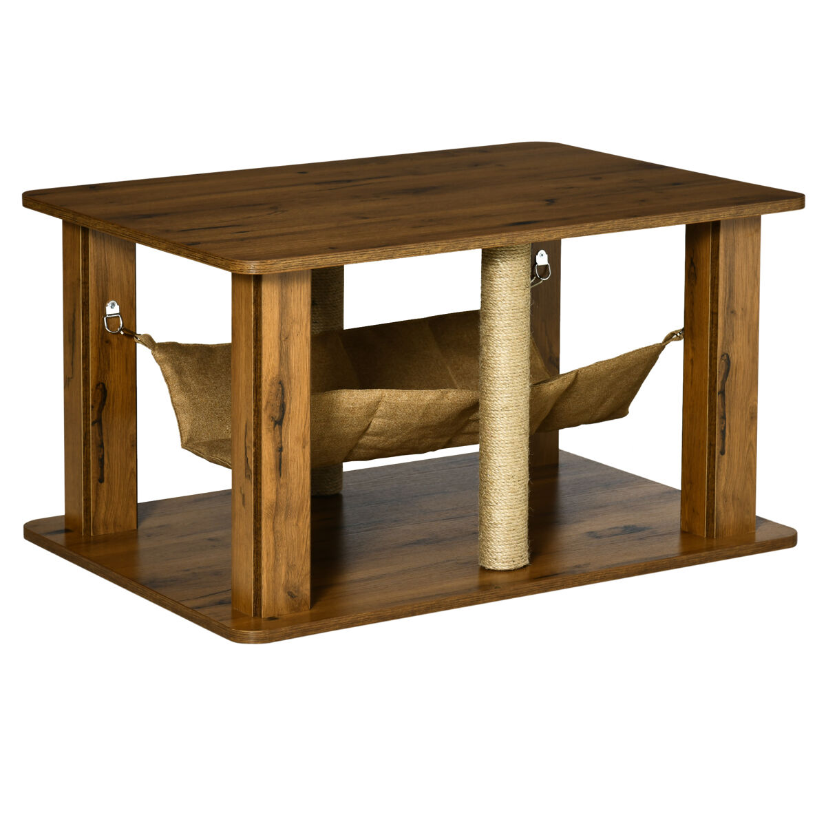 Pawhut mesa de centro hamaca para gatos con 2 postes rascadores de yute y estante inferior de almacenaje 79x59x45,5 cm marrón