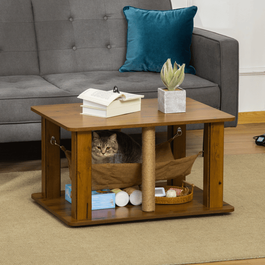 PawHut Mesa Auxiliar Mesa de Café com Rede 2 Postes de Arranhar de Juta e Prateleira Inferior de Armazenamento 79x59x45,5cm Marrom