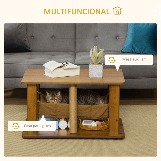 PawHut Mesa Auxiliar Mesa de Café com Rede 2 Postes de Arranhar de Juta e Prateleira Inferior de Armazenamento 79x59x45,5cm Marrom