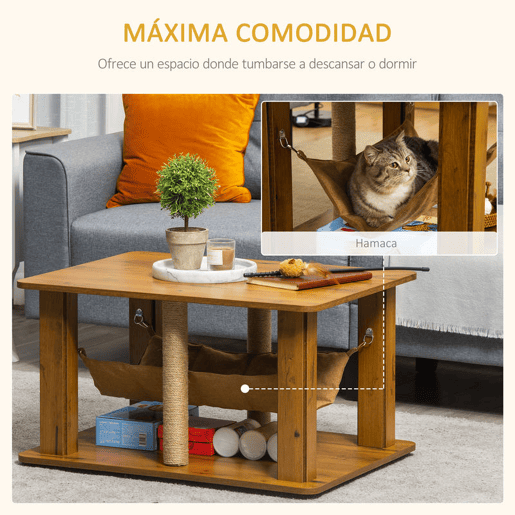 PawHut Mesa Auxiliar Mesa de Café com Rede 2 Postes de Arranhar de Juta e Prateleira Inferior de Armazenamento 79x59x45,5cm Marrom