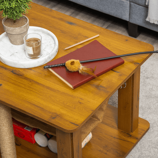 PawHut Mesa Auxiliar Mesa de Café com Rede 2 Postes de Arranhar de Juta e Prateleira Inferior de Armazenamento 79x59x45,5cm Marrom