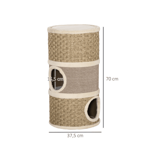 PawHut Torre Arranhadora para Gatos de 3 Níveis, Altura 70 cm, Cama para Gatos com Sisal, Móvel Arranhador, Ø37,5x70 cm, Caqui e Castanho
