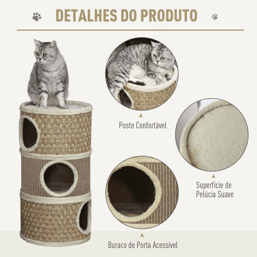PawHut Torre Arranhadora para Gatos de 3 Níveis, Altura 70 cm, Cama para Gatos com Sisal, Móvel Arranhador, Ø37,5x70 cm, Caqui e Castanho
