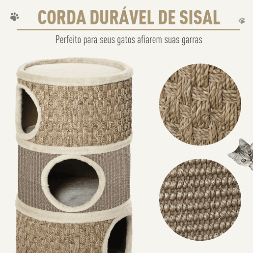PawHut Torre Arranhadora para Gatos de 3 Níveis, Altura 70 cm, Cama para Gatos com Sisal, Móvel Arranhador, Ø37,5x70 cm, Caqui e Castanho