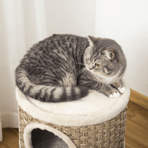 PawHut Torre Arranhadora para Gatos de 3 Níveis, Altura 70 cm, Cama para Gatos com Sisal, Móvel Arranhador, Ø37,5x70 cm, Caqui e Castanho