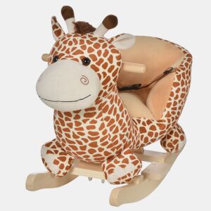 HOMCOM Baloiço para Crianças acima de18 Meses Baloiço de Pelúcia em Madeira com 32 Canções Cinturão de Segurança Girafa de Pelúcia 60x33x45 cm Marrom Claro