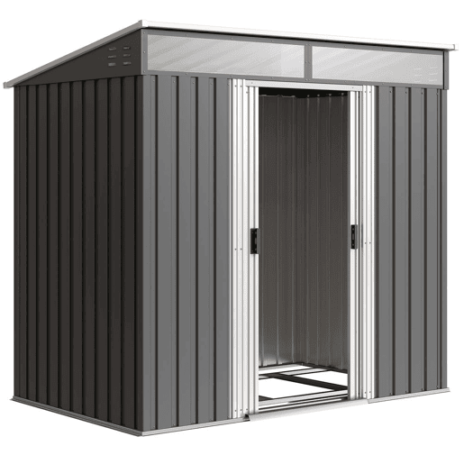 Outsunny Caseta de Jardim Exterior 2 m² 195x122x181,5 cm Abrigo de Jardim Metálico com Base SEM CHÃO 2 Portas Deslizantes Janelas e Ganchos para Ferramentas Cinzento Escuro