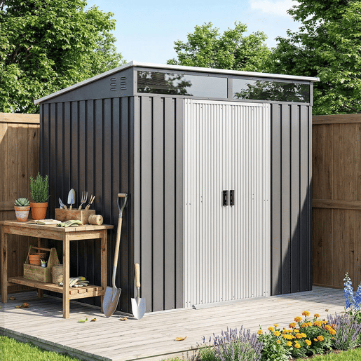 Outsunny Caseta de Jardim Exterior 2 m² 195x122x181,5 cm Abrigo de Jardim Metálico com Base SEM CHÃO 2 Portas Deslizantes Janelas e Ganchos para Ferramentas Cinzento Escuro