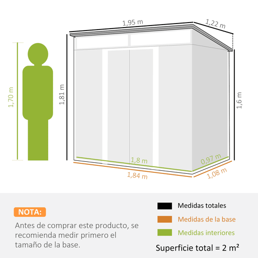 Outsunny Caseta de Jardim Exterior 2 m² 195x122x181,5 cm Abrigo de Jardim Metálico com Base SEM CHÃO 2 Portas Deslizantes Janelas e Ganchos para Ferramentas Cinzento Escuro