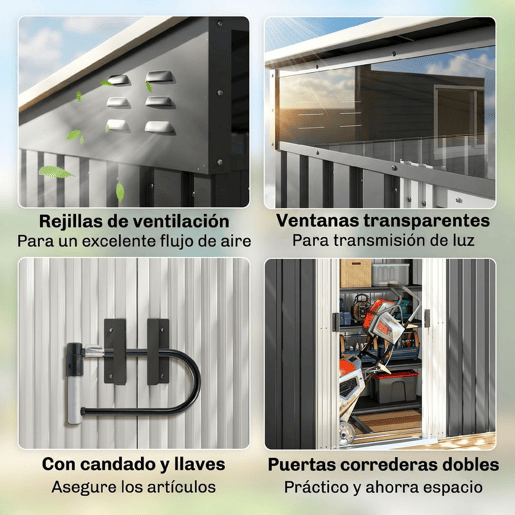 Outsunny Caseta de Jardim Exterior 2 m² 195x122x181,5 cm Abrigo de Jardim Metálico com Base SEM CHÃO 2 Portas Deslizantes Janelas e Ganchos para Ferramentas Cinzento Escuro