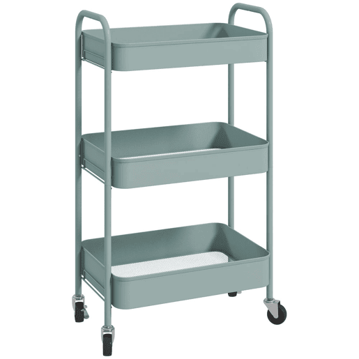 HOMCOM Carrinho Auxiliar de 3 Níveis com Rodas Carrinho de Armazenamento Deslizante com 3 Prateleiras 4 Rodas e 2 Travões para Cozinha Sala 45x30.6x79 cm Azul Claro