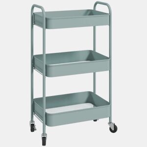 HOMCOM Carrinho Auxiliar de 3 Níveis com Rodas Carrinho de Armazenamento Deslizante com 3 Prateleiras 4 Rodas e 2 Travões para Cozinha Sala 45x30.6x79 cm Azul Claro
