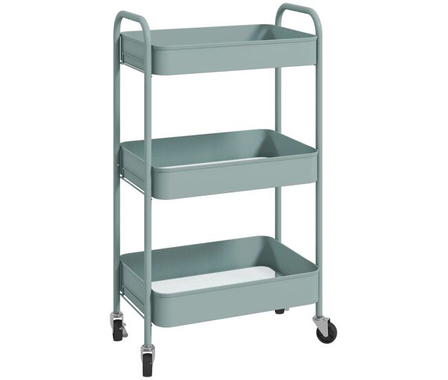 Homcom carrito auxiliar con ruedas de 3 niveles, carrito de cocina con 3 cestas y 2 asas, para baño, dormitorio, oficina, 45x30,6x79 cm, azul claro