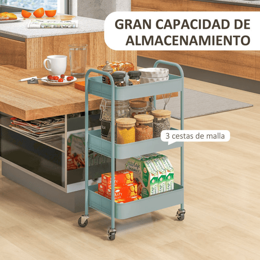 HOMCOM Carrinho Auxiliar de 3 Níveis com Rodas Carrinho de Armazenamento Deslizante com 3 Prateleiras 4 Rodas e 2 Travões para Cozinha Sala 45x30.6x79 cm Azul Claro