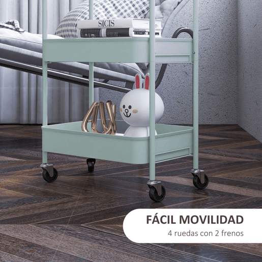 HOMCOM Carrinho Auxiliar de 3 Níveis com Rodas Carrinho de Armazenamento Deslizante com 3 Prateleiras 4 Rodas e 2 Travões para Cozinha Sala 45x30.6x79 cm Azul Claro