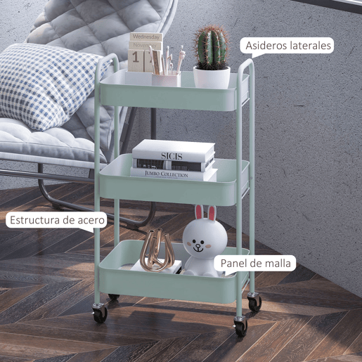 HOMCOM Carrinho Auxiliar de 3 Níveis com Rodas Carrinho de Armazenamento Deslizante com 3 Prateleiras 4 Rodas e 2 Travões para Cozinha Sala 45x30.6x79 cm Azul Claro