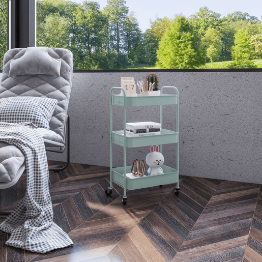 HOMCOM Carrinho Auxiliar de 3 Níveis com Rodas Carrinho de Armazenamento Deslizante com 3 Prateleiras 4 Rodas e 2 Travões para Cozinha Sala 45x30.6x79 cm Azul Claro