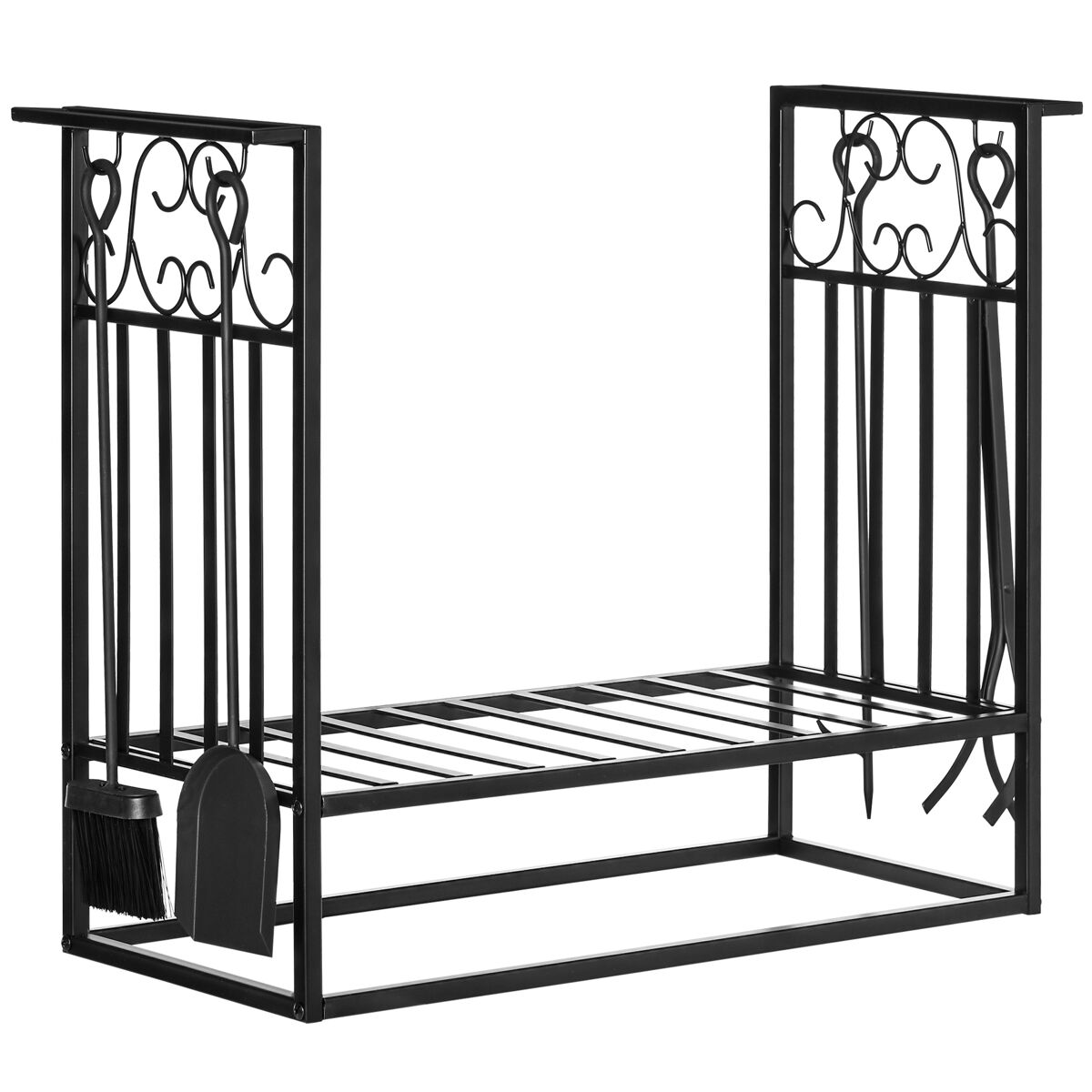 Homcom estante para leña de chimenea 75x30x60 cm soporte para leña tradicional portaleña de diseño vintage con 4 herramientas base elevada carga máx. 100 kg acero para interior y exterior negro