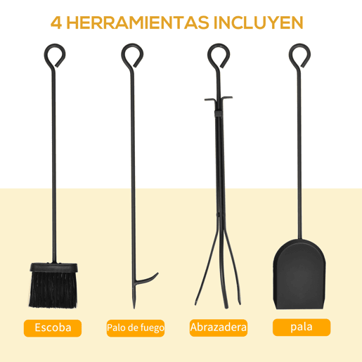 HOMCOM Suporte para Lenhas 75x30x60cm Porta Lenha com Desenho Vintage com 4 Ferramentas Base Elevada Carga Máxima 100kg Aço Preto