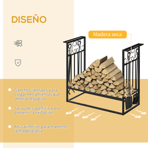 HOMCOM Suporte para Lenhas 75x30x60cm Porta Lenha com Desenho Vintage com 4 Ferramentas Base Elevada Carga Máxima 100kg Aço Preto