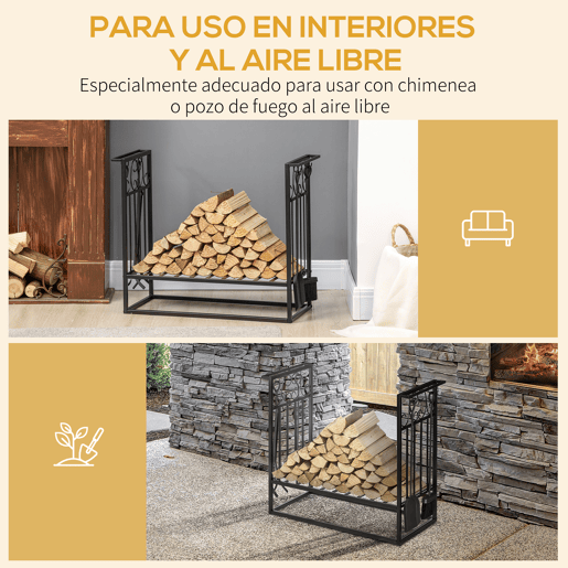 HOMCOM Suporte para Lenhas 75x30x60cm Porta Lenha com Desenho Vintage com 4 Ferramentas Base Elevada Carga Máxima 100kg Aço Preto