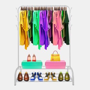 Donkey Premium Rack 2 Suportes Cabideiro Nyana Home 158x110x39cm, 1 barra suspensa, 8 ganchos laterais, 2 prateleiras inferiores Brancas.