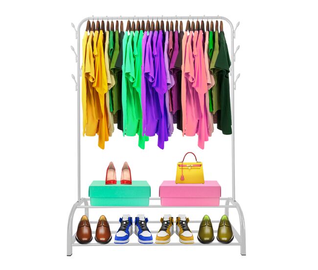 Perchero burro premium rack 2 stand nyana home 158x110x39cm, 1 barra para colgar, 8 ganchos laterales, 2 baldas inferiores blanco .