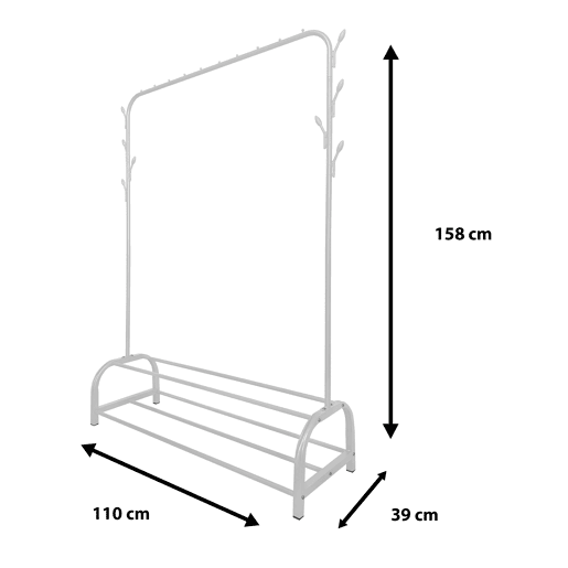 Donkey Premium Rack 2 Suportes Cabideiro Nyana Home 158x110x39cm, 1 barra suspensa, 8 ganchos laterais, 2 prateleiras inferiores Brancas.