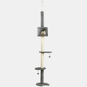 PawHut Árvore Arranhador para Gatos para Fixar ao Teto Altura Ajustável 220-280cm com Plataformas Caverna Postes de Sisal Bolas Penduradas 40x40x280cm Cinza Claro