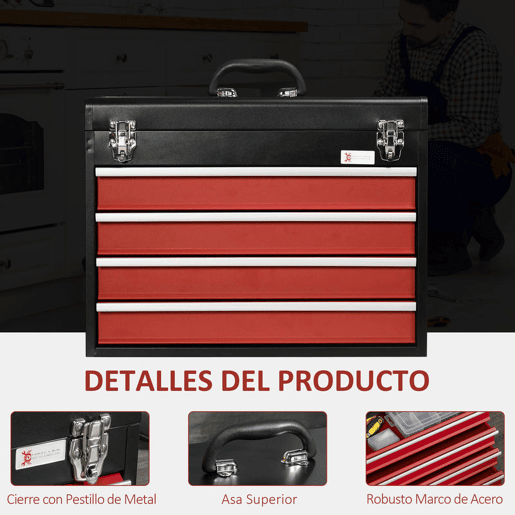 DURHAND Caixa de Ferramentas de Aço com 4 Gavetas Tampa Abatível e Fechaduras Metálicas Mala de Ferramentas Portátil para Oficina Bricolage Casa 51x22x39,5 Preto e Vermelho