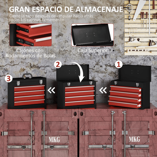 DURHAND Caixa de Ferramentas de Aço com 4 Gavetas Tampa Abatível e Fechaduras Metálicas Mala de Ferramentas Portátil para Oficina Bricolage Casa 51x22x39,5 Preto e Vermelho