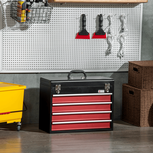 DURHAND Caixa de Ferramentas de Aço com 4 Gavetas Tampa Abatível e Fechaduras Metálicas Mala de Ferramentas Portátil para Oficina Bricolage Casa 51x22x39,5 Preto e Vermelho