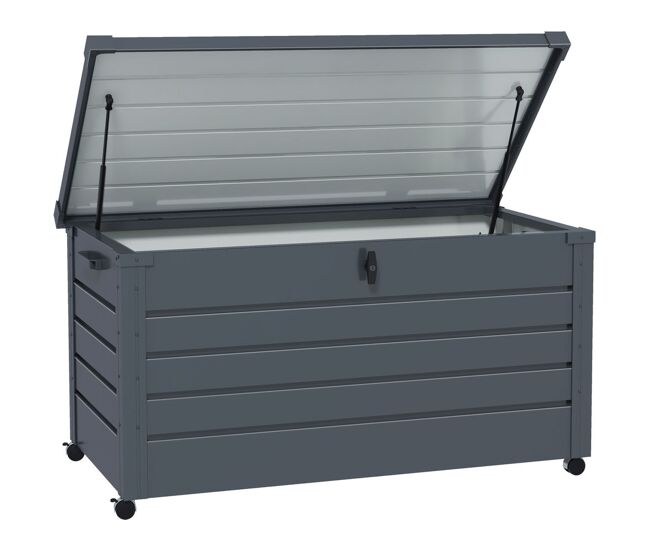Outsunny arcón exterior capacidad 311l, baúl de almacenaje de acero galvanizado con 4 ruedas, 2 asas y tapa con cerradura, impermeable, para jardín,