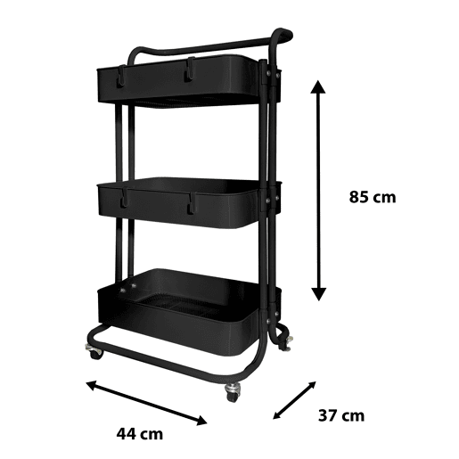 Carrinho de armazenamento de metal Nyana Home 3 prateleiras 85x44x37cm, 3 prateleiras Preto.