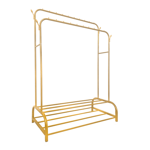 Cabideiro Donkey Premium Maxi 2 Stand Nyana Home 157x110x56cm, 2 prateleiras suspensas, 4 ganchos laterais, 2 prateleiras inferiores Douradas.